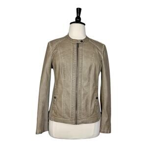 Sebby Faux Leather Jacket Moto Collarless Zipper Knit Taupe Tan Women’s Size XXL